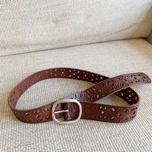 Fossil Floral Tooled Cutout Brown Leather Belt - M